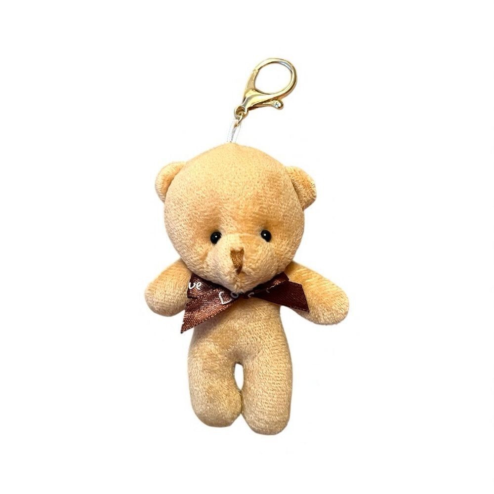 Cute Plush Tan Bear With Brown Bow Keychain